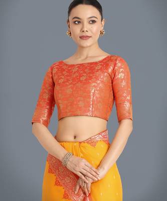 yellow silk blend banarasi jacuard work saree with unstitched blouse piece 5