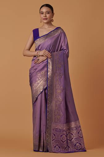 lavender silk blend banarasi jacuard work saree with unstitched blouse piece