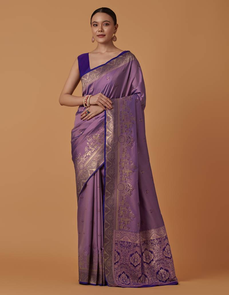 lavender silk blend banarasi jacuard work saree with unstitched blouse piece