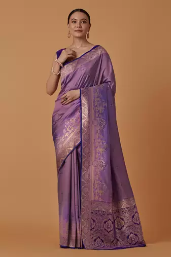 lavender silk blend banarasi jacuard work saree with unstitched blouse piece