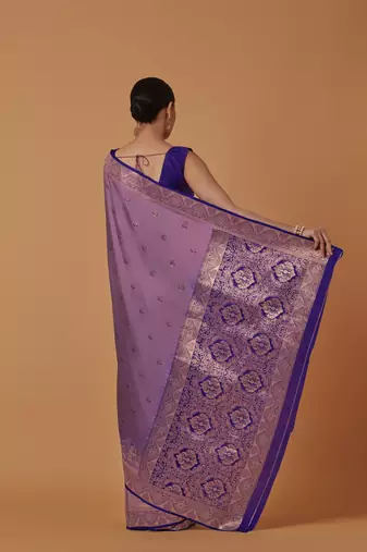 lavender silk blend banarasi jacuard work saree with unstitched blouse piece