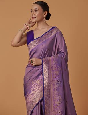 lavender silk blend banarasi jacuard work saree with unstitched blouse piece 4