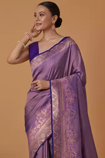 lavender silk blend banarasi jacuard work saree with unstitched blouse piece