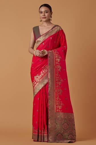 pink silk blend banarasi jacuard work saree with unstitched blouse piece