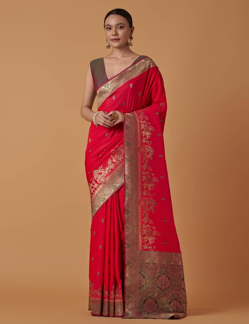 pink silk blend banarasi jacuard work saree with unstitched blouse piece