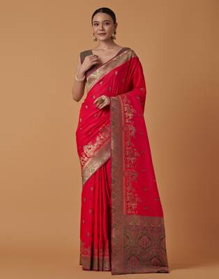 pink silk blend banarasi jacuard work saree with unstitched blouse piece 2