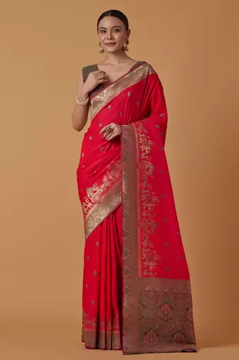 pink silk blend banarasi jacuard work saree with unstitched blouse piece