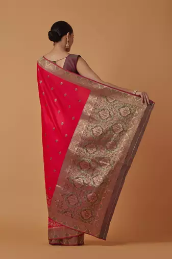 pink silk blend banarasi jacuard work saree with unstitched blouse piece
