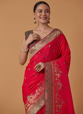 pink silk blend banarasi jacuard work saree with unstitched blouse piece 4