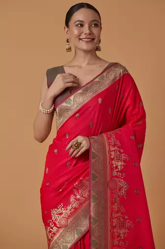 pink silk blend banarasi jacuard work saree with unstitched blouse piece
