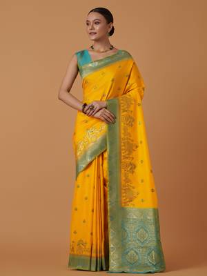 yellow silk blend banarasi jacuard work saree with unstitched blouse piece 1