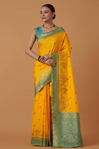 yellow silk blend banarasi jacuard work saree with unstitched blouse piece