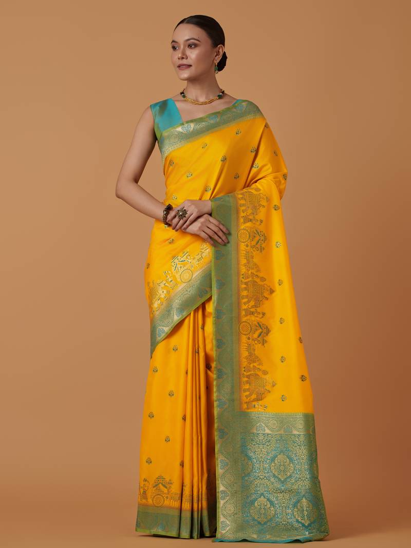 yellow silk blend banarasi jacuard work saree with unstitched blouse piece
