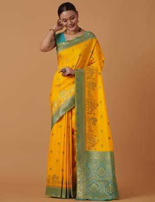 yellow silk blend banarasi jacuard work saree with unstitched blouse piece 2