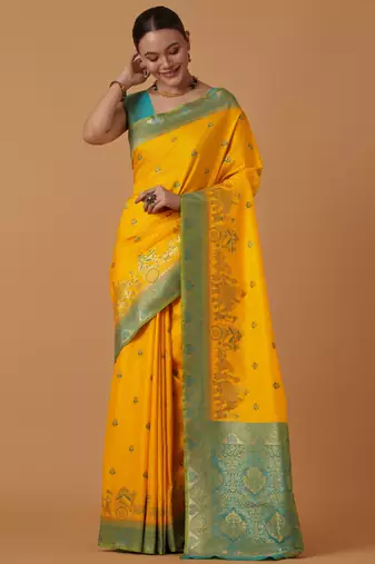 yellow silk blend banarasi jacuard work saree with unstitched blouse piece