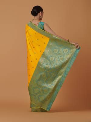 yellow silk blend banarasi jacuard work saree with unstitched blouse piece 3
