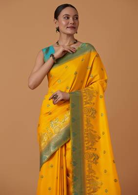 yellow silk blend banarasi jacuard work saree with unstitched blouse piece 4