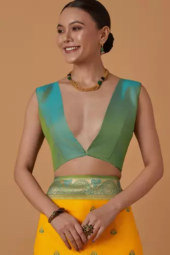 yellow silk blend banarasi jacuard work saree with unstitched blouse piece
