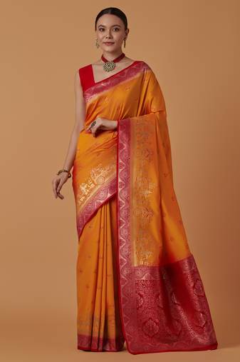 orange silk blend banarasi jacuard work saree with unstitched blouse piece