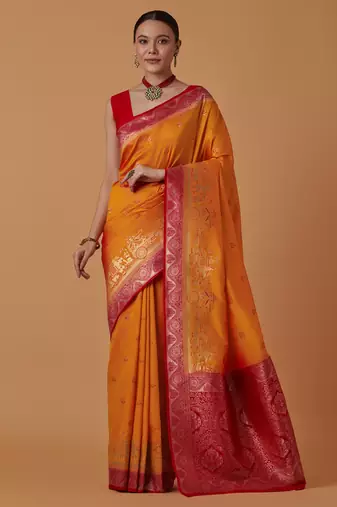 orange silk blend banarasi jacuard work saree with unstitched blouse piece
