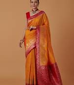 orange silk blend banarasi jacuard work saree with unstitched blouse piece