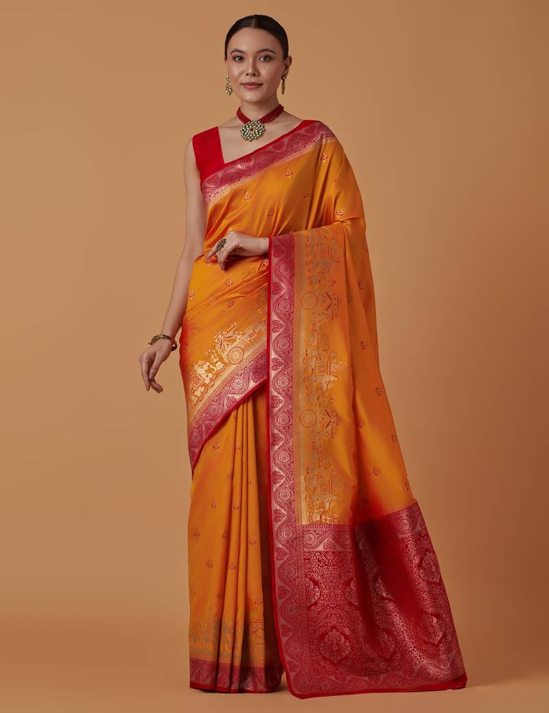 orange silk blend banarasi jacuard work saree with unstitched blouse piece