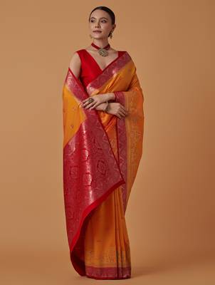 orange silk blend banarasi jacuard work saree with unstitched blouse piece 2