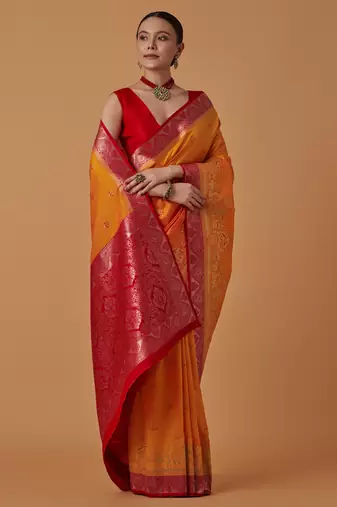 orange silk blend banarasi jacuard work saree with unstitched blouse piece