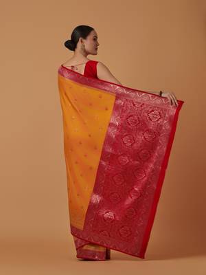 orange silk blend banarasi jacuard work saree with unstitched blouse piece 3