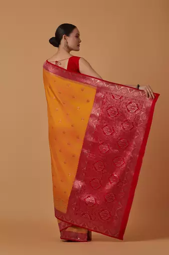 orange silk blend banarasi jacuard work saree with unstitched blouse piece