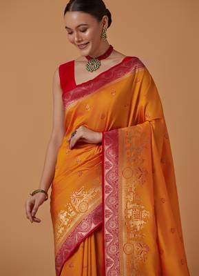 orange silk blend banarasi jacuard work saree with unstitched blouse piece 4