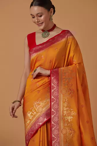 orange silk blend banarasi jacuard work saree with unstitched blouse piece