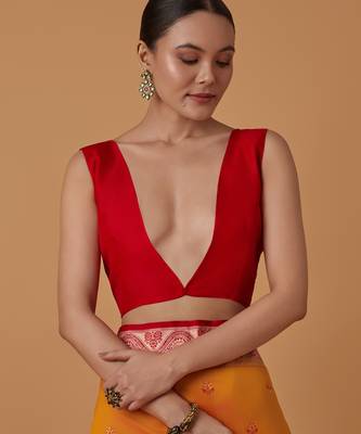 orange silk blend banarasi jacuard work saree with unstitched blouse piece 5