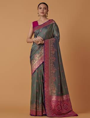 sea green silk blend banarasi jacuard work saree with unstitched blouse piece 1