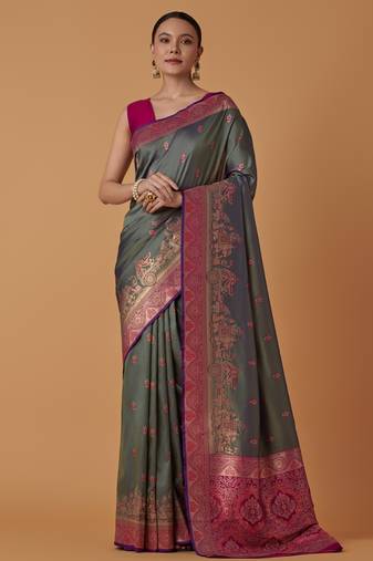 sea green silk blend banarasi jacuard work saree with unstitched blouse piece
