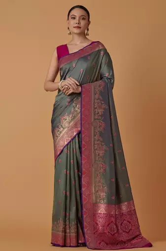 sea green silk blend banarasi jacuard work saree with unstitched blouse piece
