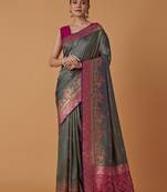 sea green silk blend banarasi jacuard work saree with unstitched blouse piece