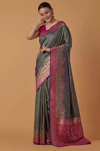 sea green silk blend banarasi jacuard work saree with unstitched blouse piece