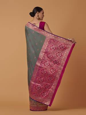 sea green silk blend banarasi jacuard work saree with unstitched blouse piece 3