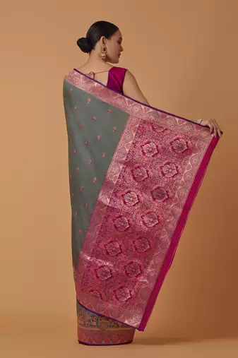 sea green silk blend banarasi jacuard work saree with unstitched blouse piece