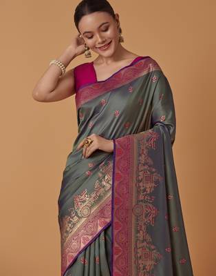 sea green silk blend banarasi jacuard work saree with unstitched blouse piece 4