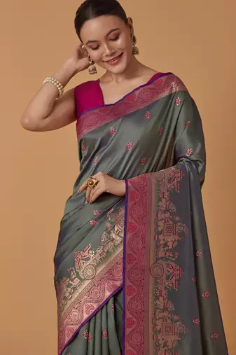 sea green silk blend banarasi jacuard work saree with unstitched blouse piece