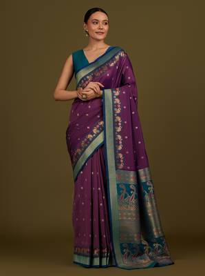 wine silk blend banarasi jacuard work saree with unstitched blouse piece 1