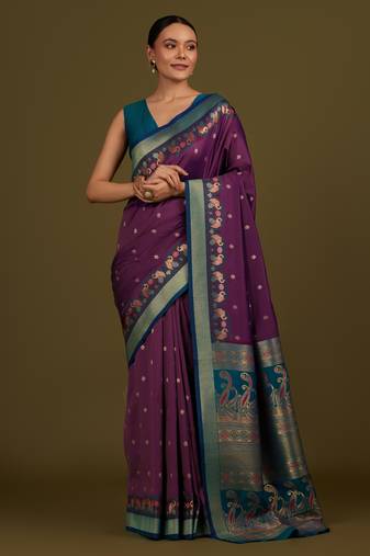 wine silk blend banarasi jacuard work saree with unstitched blouse piece