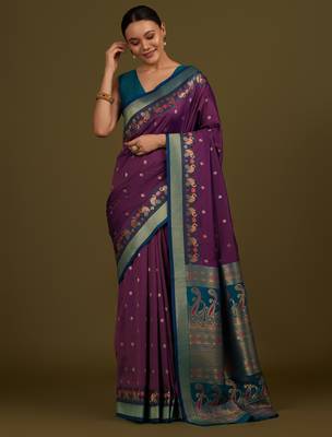 wine silk blend banarasi jacuard work saree with unstitched blouse piece 2