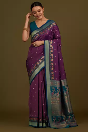 wine silk blend banarasi jacuard work saree with unstitched blouse piece