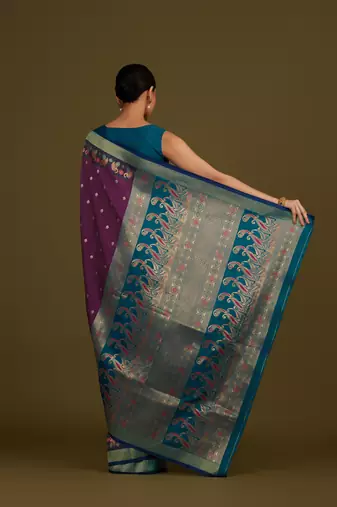 wine silk blend banarasi jacuard work saree with unstitched blouse piece
