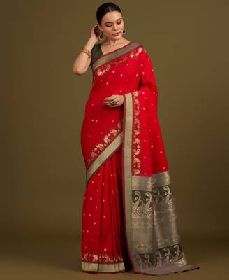 red silk blend banarasi jacuard work saree with unstitched blouse piece 1