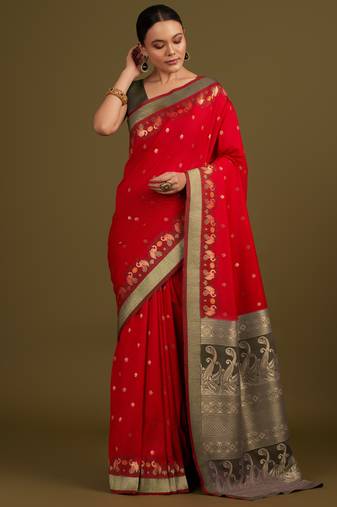 red silk blend banarasi jacuard work saree with unstitched blouse piece