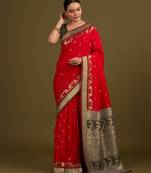 red silk blend banarasi jacuard work saree with unstitched blouse piece
